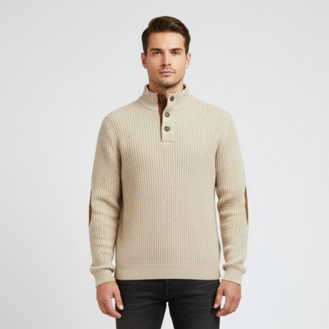 Bram | Heren Trui Henley Geribbeld met Elleboogstukken Beige Larenza.nl
