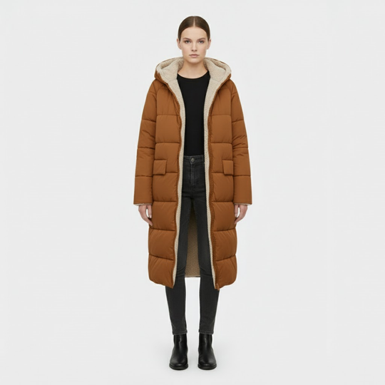 Debby | Dames Lange Pufferjas Bruin Larenza.nl