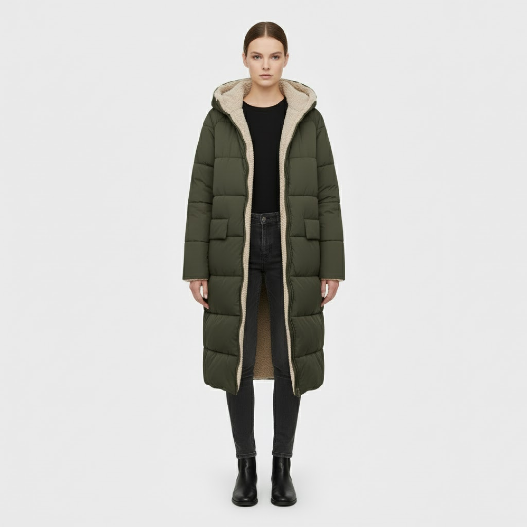 Debby | Dames Lange Pufferjas Donkergroen Larenza.nl