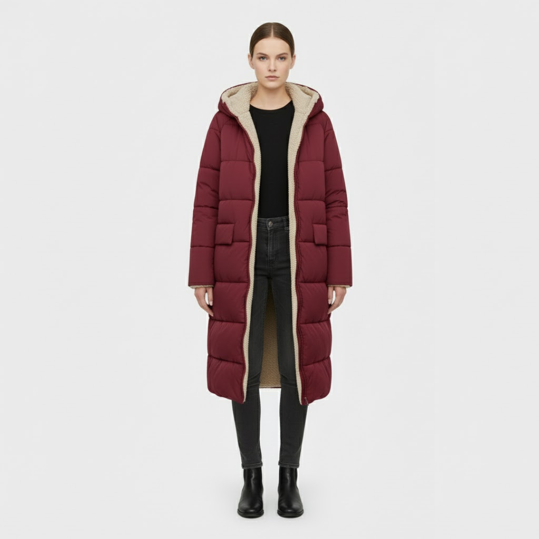 Debby | Dames Lange Pufferjas Wijnrood Larenza.nl