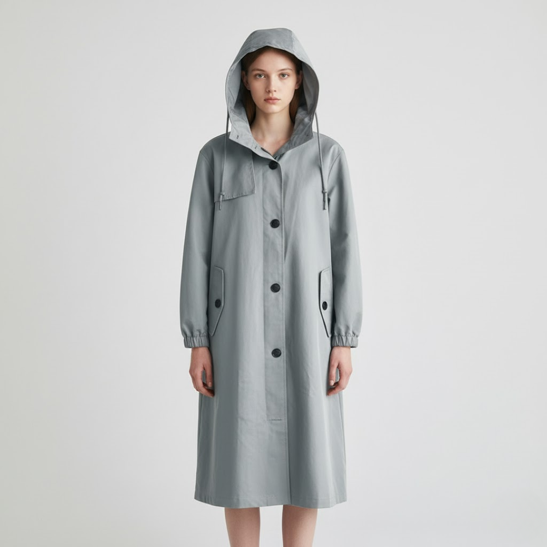 Eline | Dames Stijlvolle Lange Trenchcoat Grijs Larenza.nl