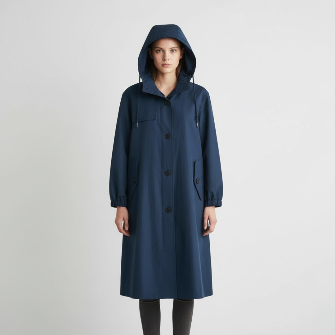 Eline | Dames Stijlvolle Lange Trenchcoat Marineblauw Larenza.nl
