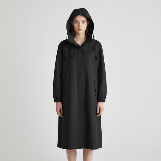 Eline | Dames Stijlvolle Lange Trenchcoat Zwart Larenza.nl