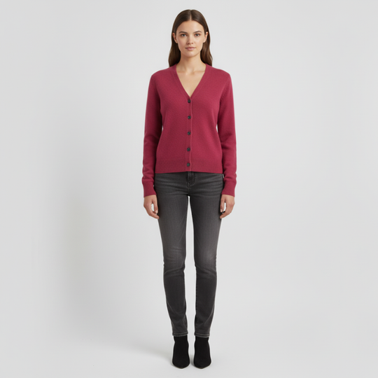 Elinor | Dames V-Hals Wintertrui Donkerroze Larenza.nl