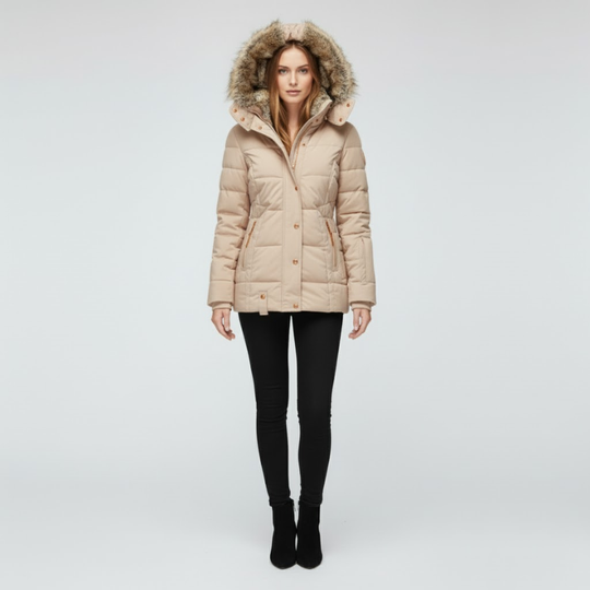 Elise | Dames Pufferjas Slim Fit Met Capuchon Beige Larenza.nl