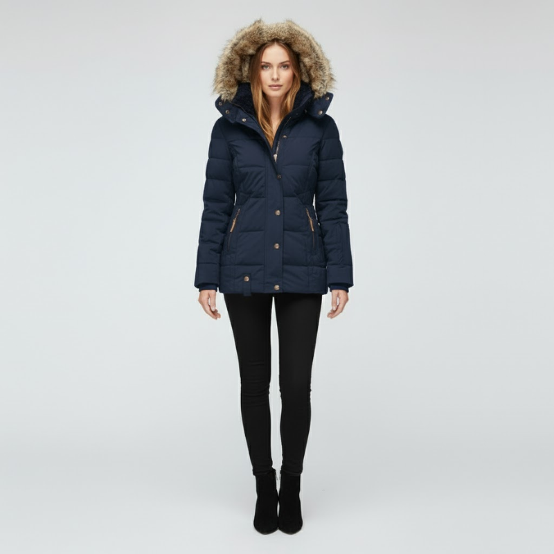 Elise | Dames Pufferjas Slim Fit Met Capuchon Marineblauw Larenza.nl