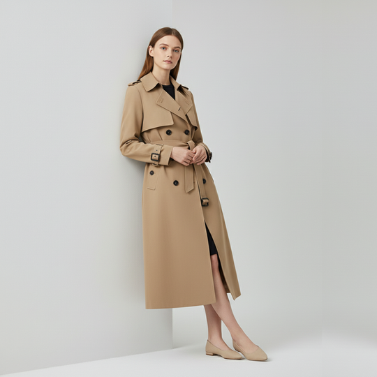 Eva | Dames Lange Trenchcoat Dubbelrijig met Ceintuur Larenza.nl
