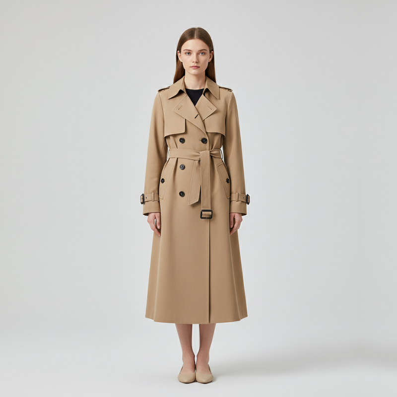 Eva | Dames Lange Trenchcoat Dubbelrijig met Ceintuur Beige Larenza.nl