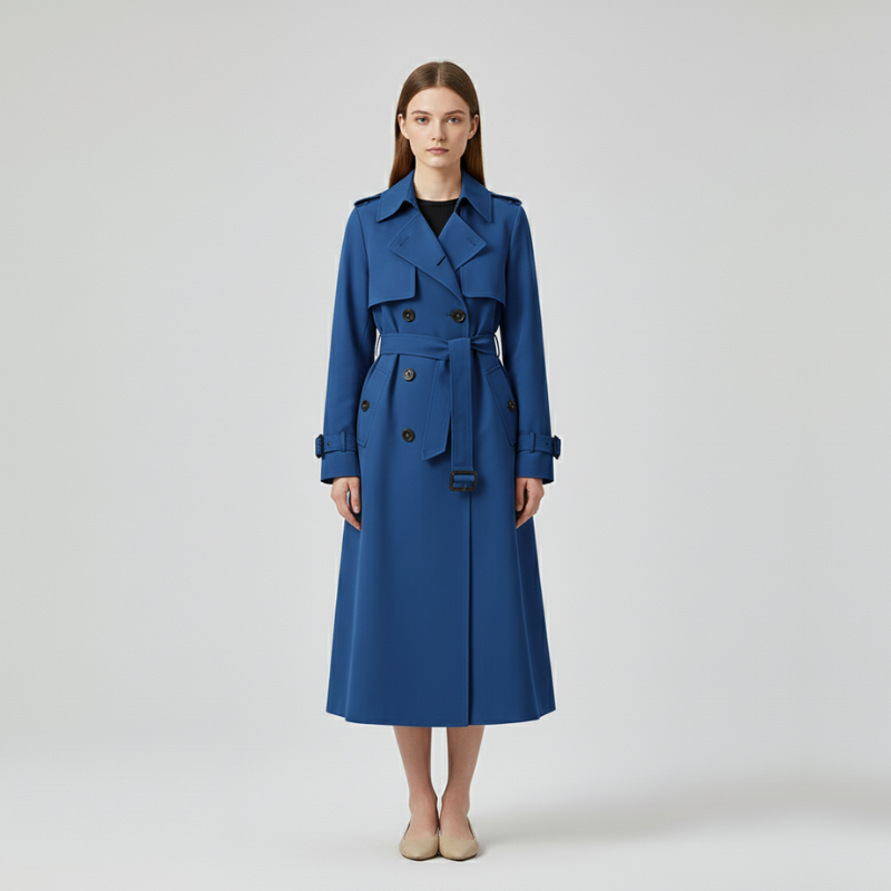 Eva | Dames Lange Trenchcoat Dubbelrijig met Ceintuur Blauw Larenza.nl