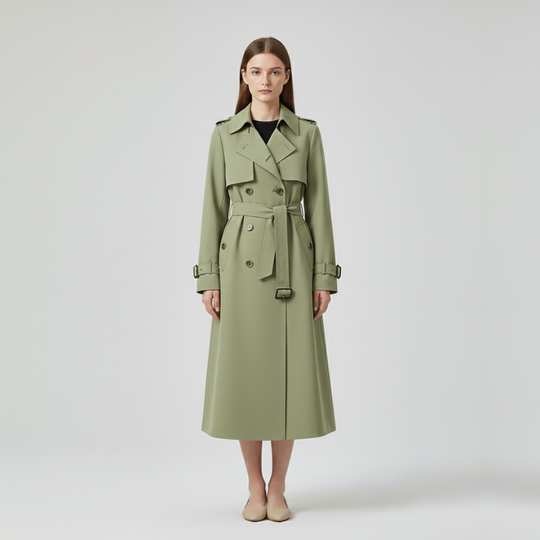 Eva | Dames Lange Trenchcoat Dubbelrijig met Ceintuur Groen Larenza.nl