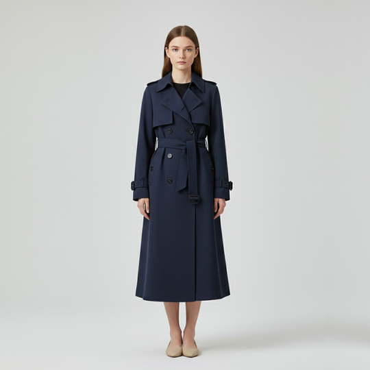 Eva | Dames Lange Trenchcoat Dubbelrijig met Ceintuur Marineblauw Larenza.nl