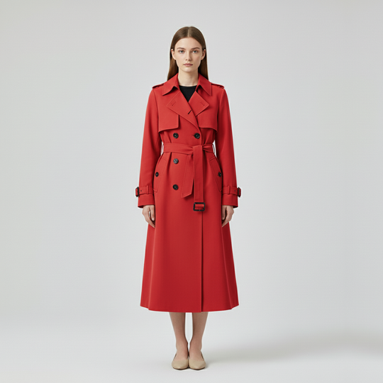 Eva | Dames Lange Trenchcoat Dubbelrijig met Ceintuur Rood Larenza.nl