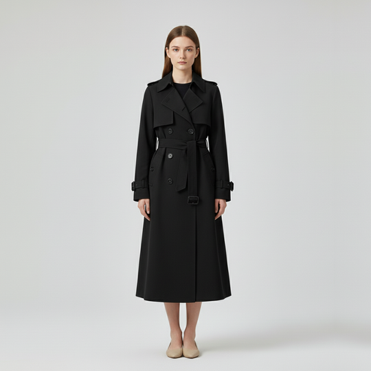 Eva | Dames Lange Trenchcoat Dubbelrijig met Ceintuur Zwart Larenza.nl