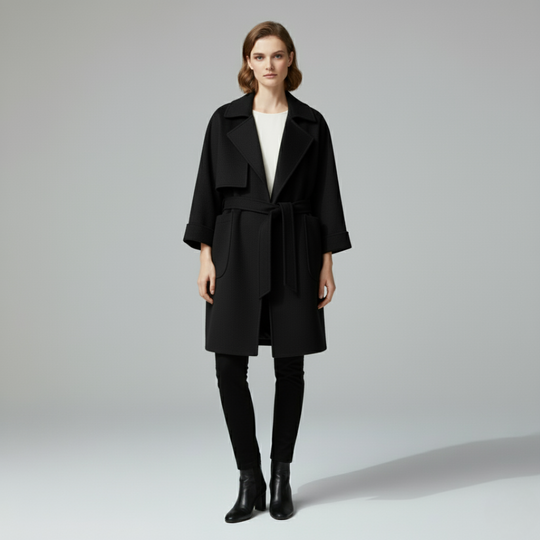 Kiki | Dames Trenchcoat Oversized Lang Zwart Larenza.nl