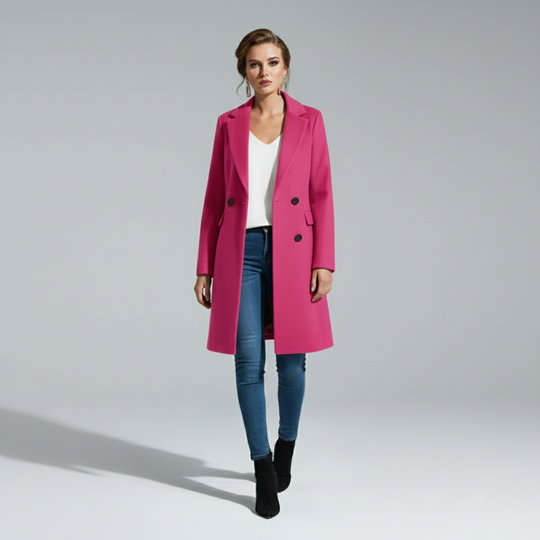 Liza | Dames Mantel Lang Knoopsluiting Roze Larenza.nl