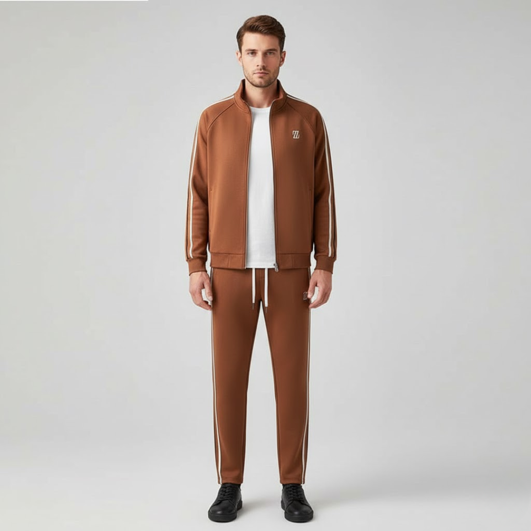 Manu | Heren Stretch Tracksuit Set Kastanjebruin Larenza.nl