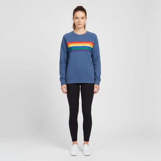 Noor | Dames Sweatshirt Regenboog Strepen Blauw Larenza.nl