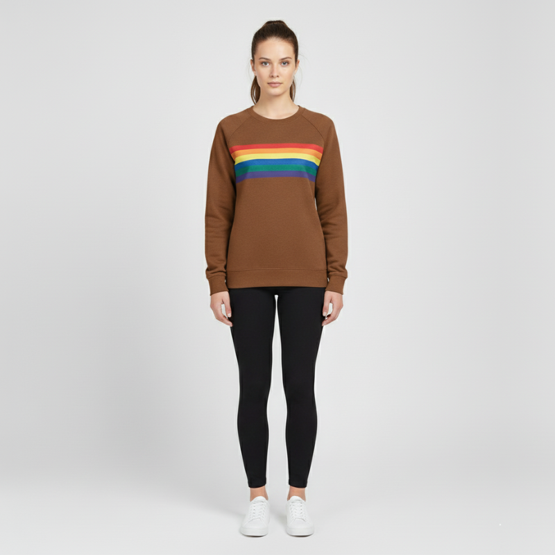 Noor | Dames Sweatshirt Regenboog Strepen Khaki Larenza.nl