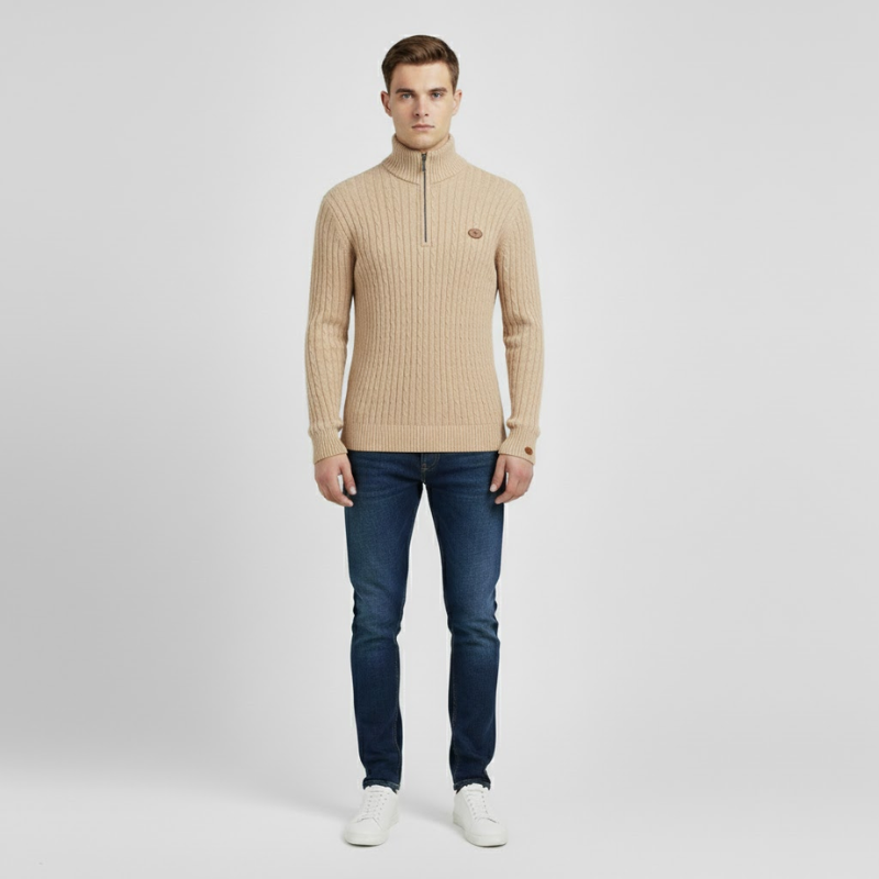Quinten | Herensweater met halve rits Beige Larenza.nl