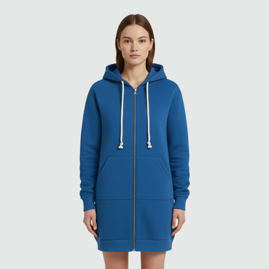 Roos | Dames Longline Hoodie met Rits Blauw Larenza.nl