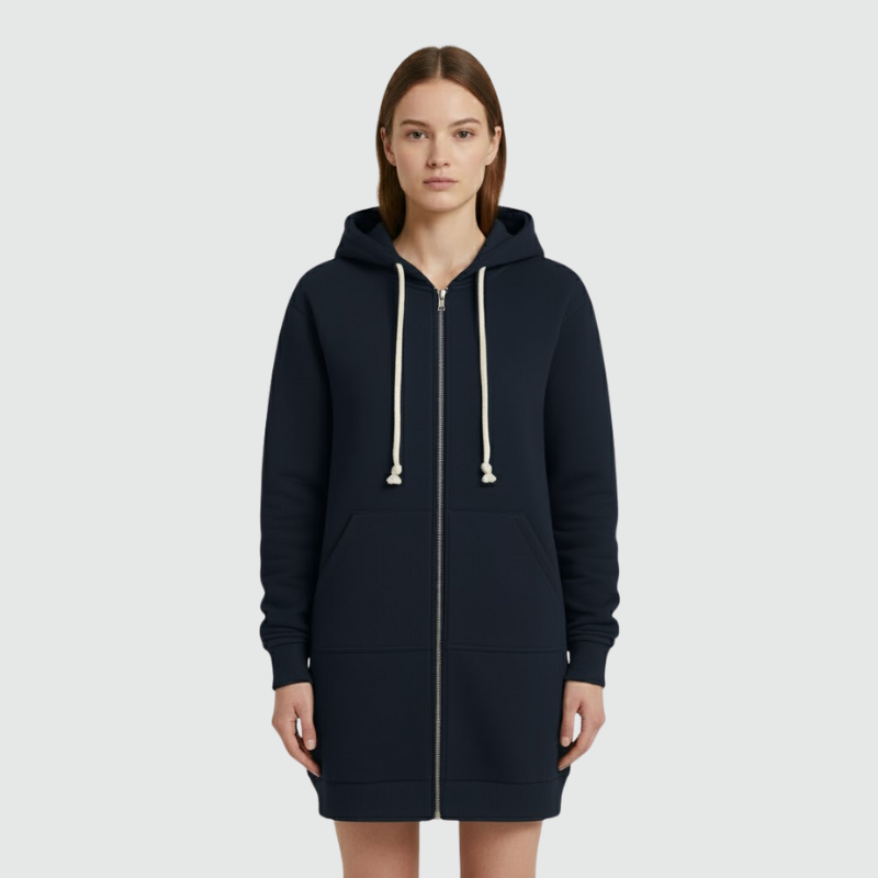 Roos | Dames Longline Hoodie met Rits Donkerblauw Larenza.nl