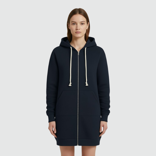 Roos | Dames Longline Hoodie met Rits Donkerblauw Larenza.nl