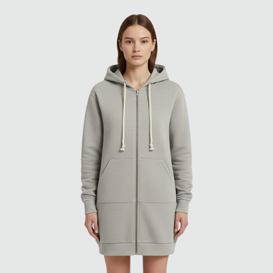 Roos | Dames Longline Hoodie met Rits Grijs Larenza.nl