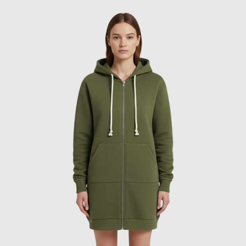 Roos | Dames Longline Hoodie met Rits Groen Larenza.nl
