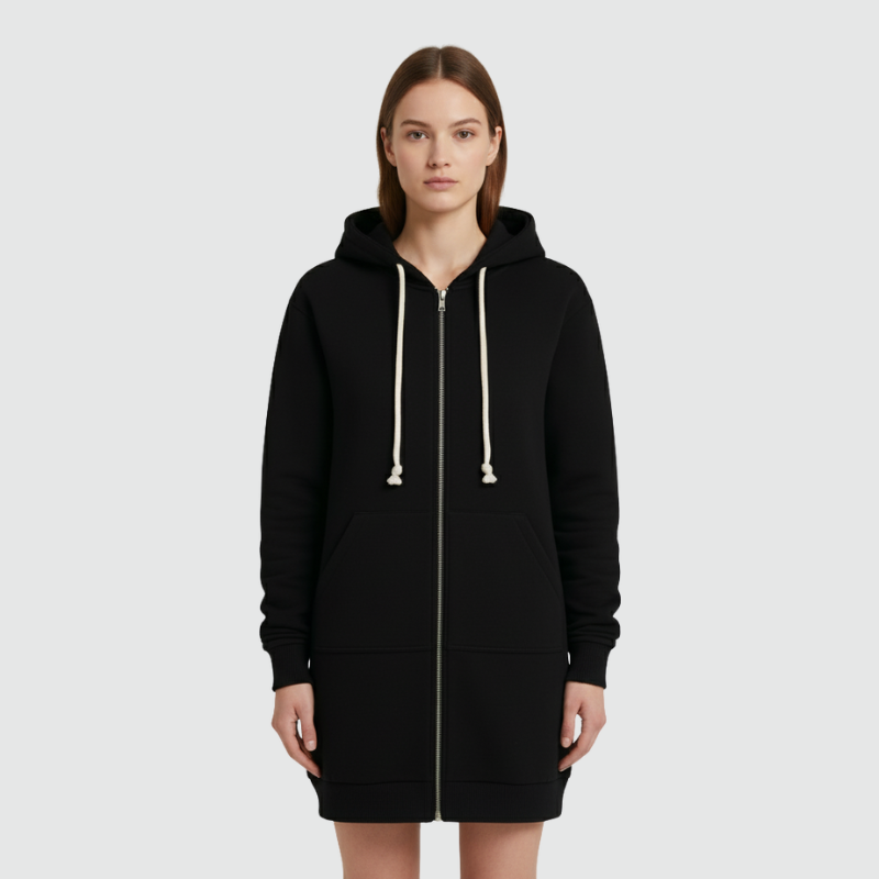 Roos | Dames Longline Hoodie met Rits Zwart Larenza.nl