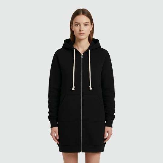 Roos | Dames Longline Hoodie met Rits Zwart Larenza.nl