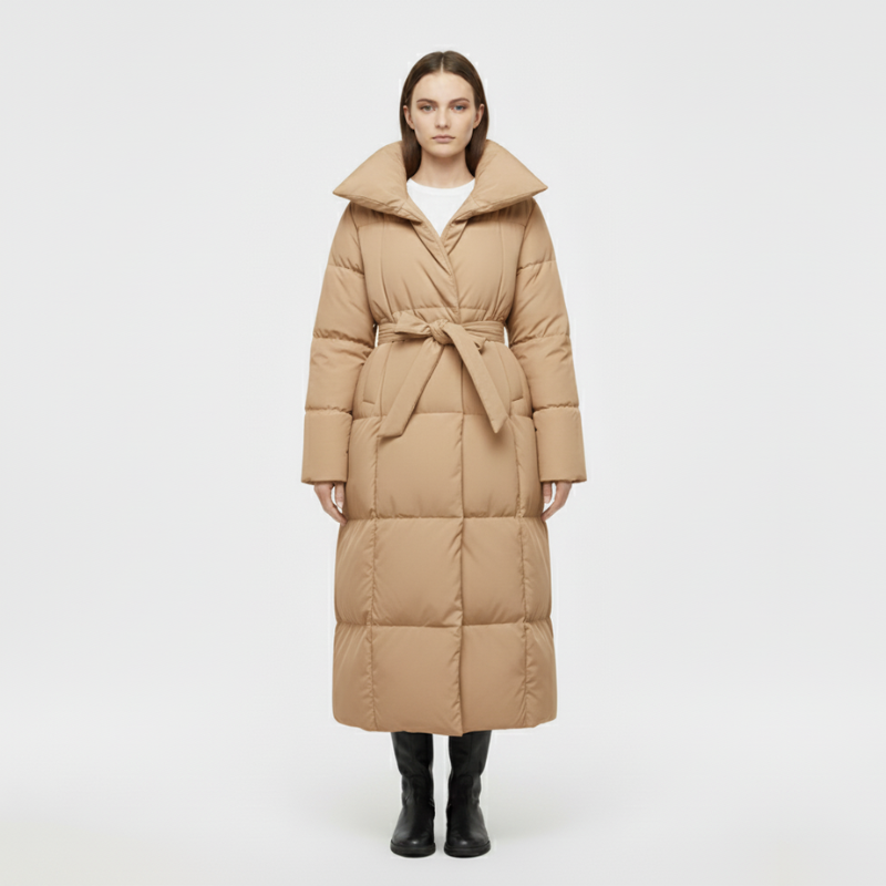 Yara | Wintermantel Dames Lang Met Riem Beige Larenza.nl