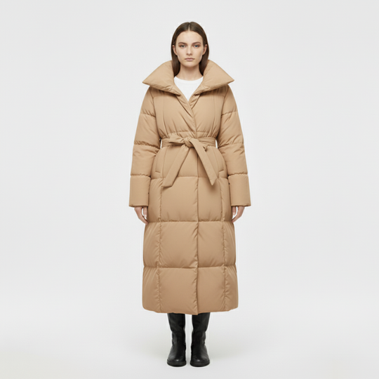 Yara | Wintermantel Dames Lang Met Riem Beige Larenza.nl
