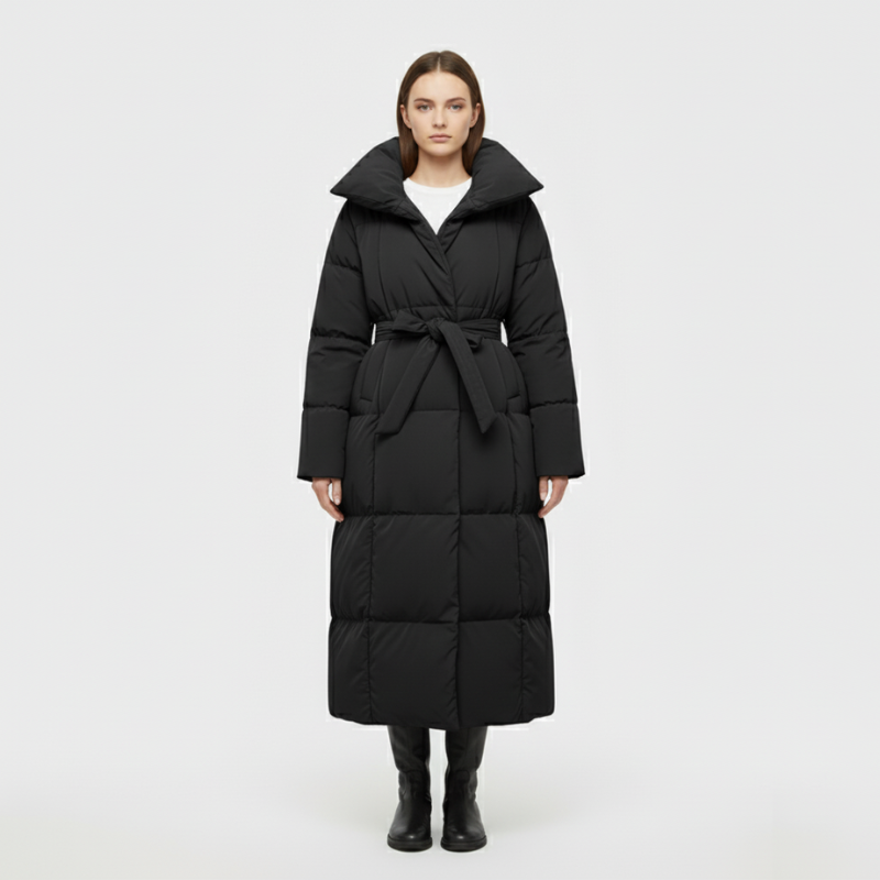 Yara | Wintermantel Dames Lang Met Riem Zwart Larenza.nl