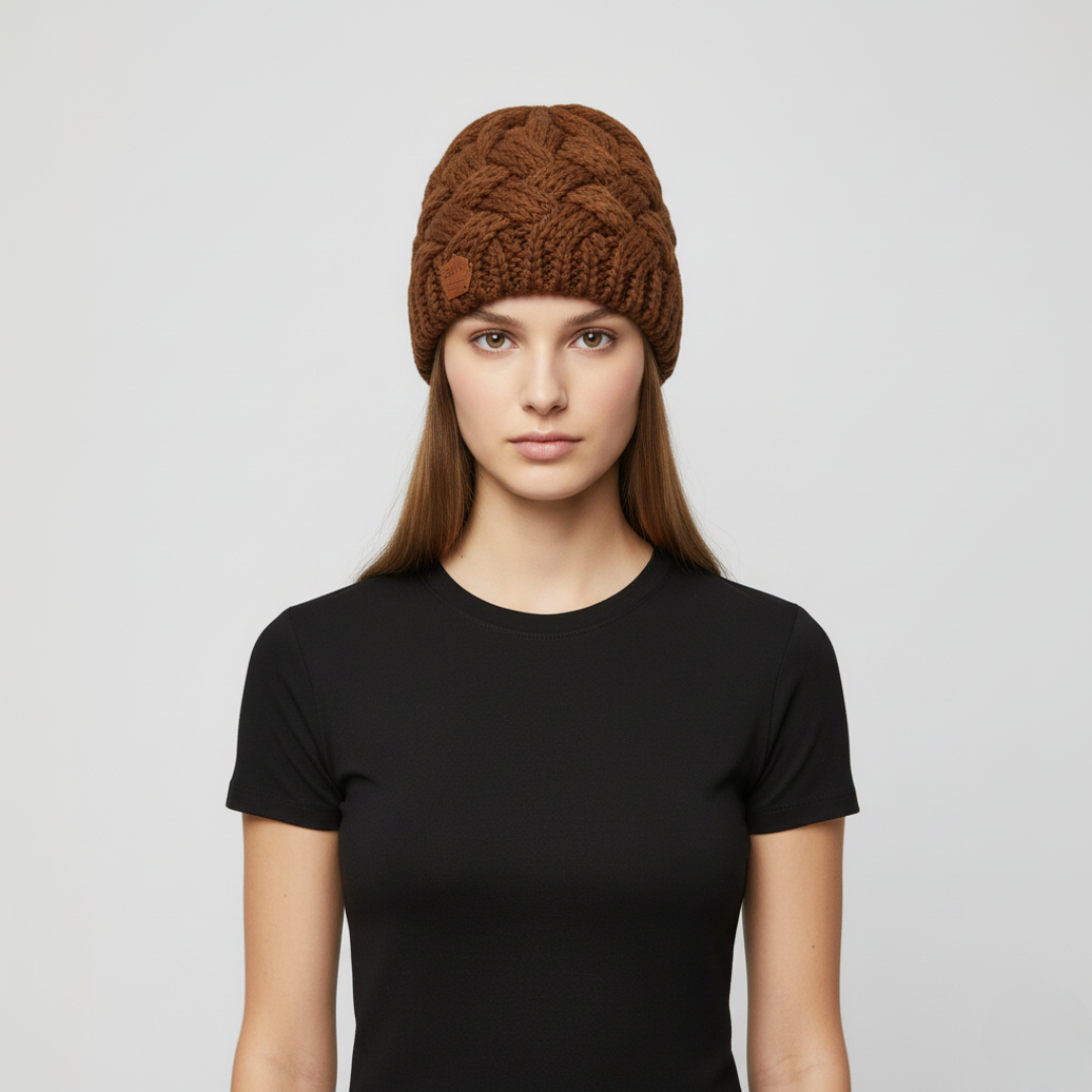 Zoë | Dames Wintermuts Gebreid Koffie Larenza.nl